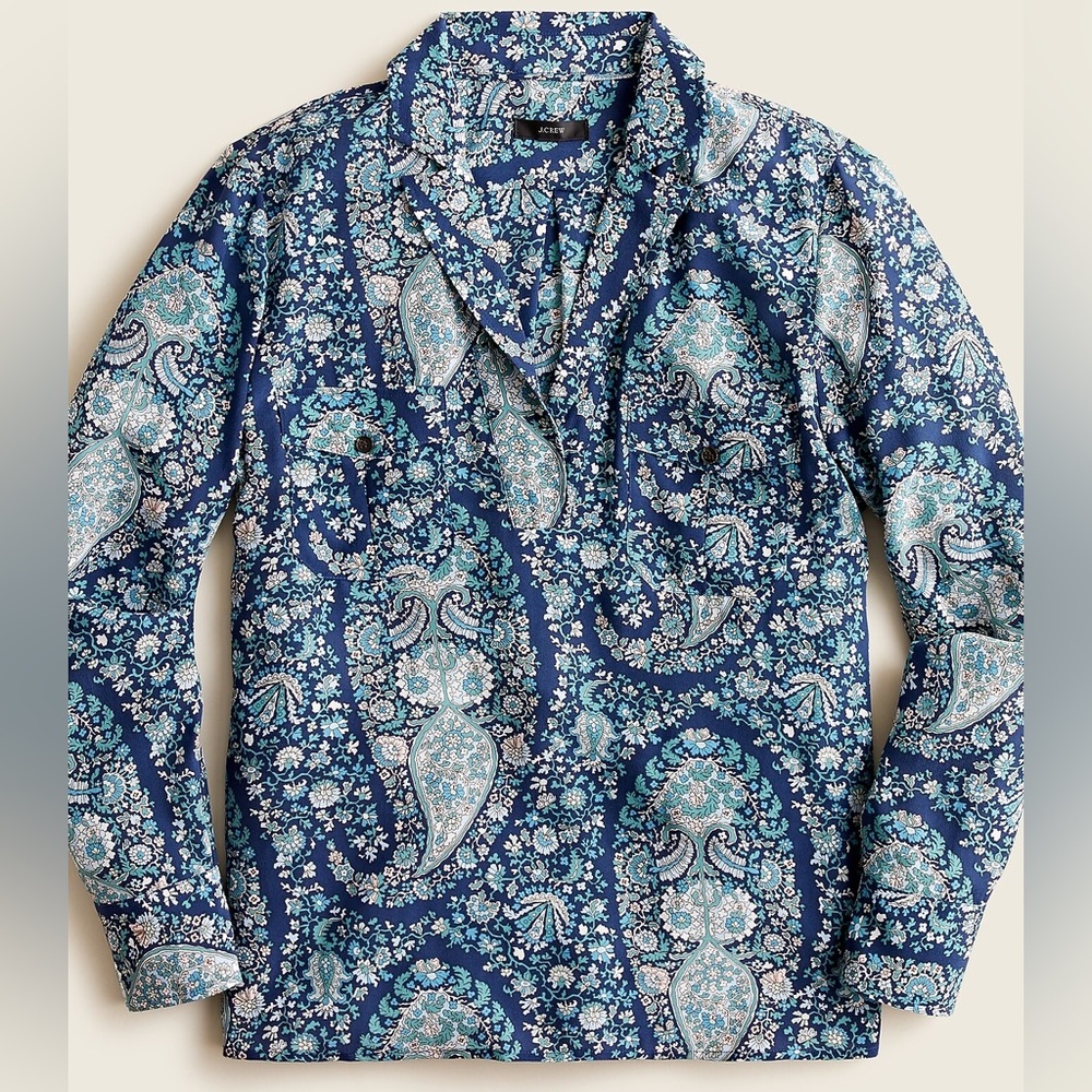 J. Crew patch-pocket washable silk popover shirt in oversized paisley XXL